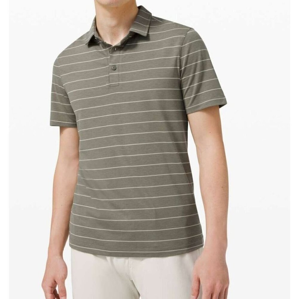 Lululemon sz Large men Evolution short sleeve polo shirt sage green stripes